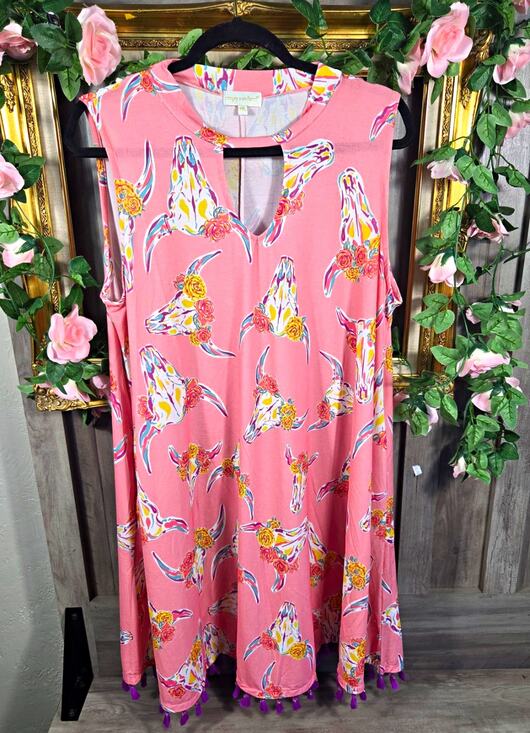 Simply Southern Dresses & Skirts - Simply Southern XXL Dress Pink Floral Longhorn Cow Skull Tassel Western Boho